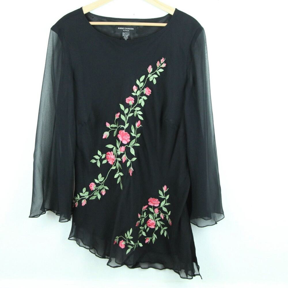 Vintage Y2K 1X Whimsigoth Blouse Sheer Chiffon Silk Floral Embroidered Black